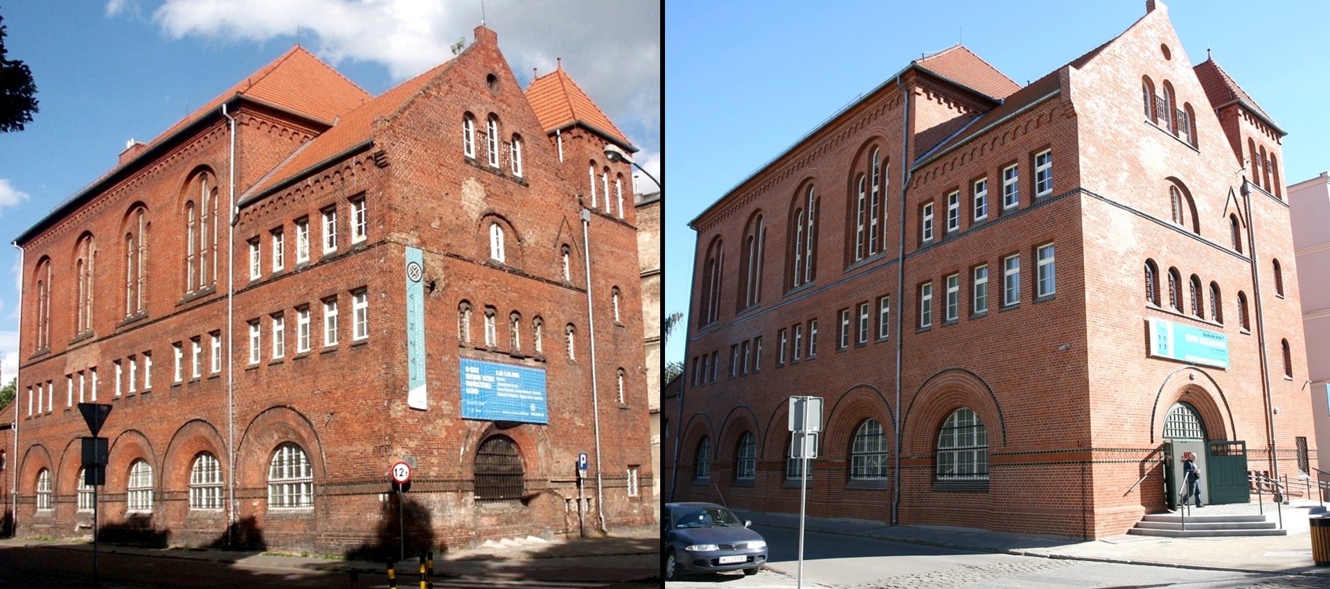Dwa połączone ze sobą zdjęcia, na zdjęciu po lewej stronie budynek z cegły przed remontem, a po prawej stronie budynek z cegły po remoncie