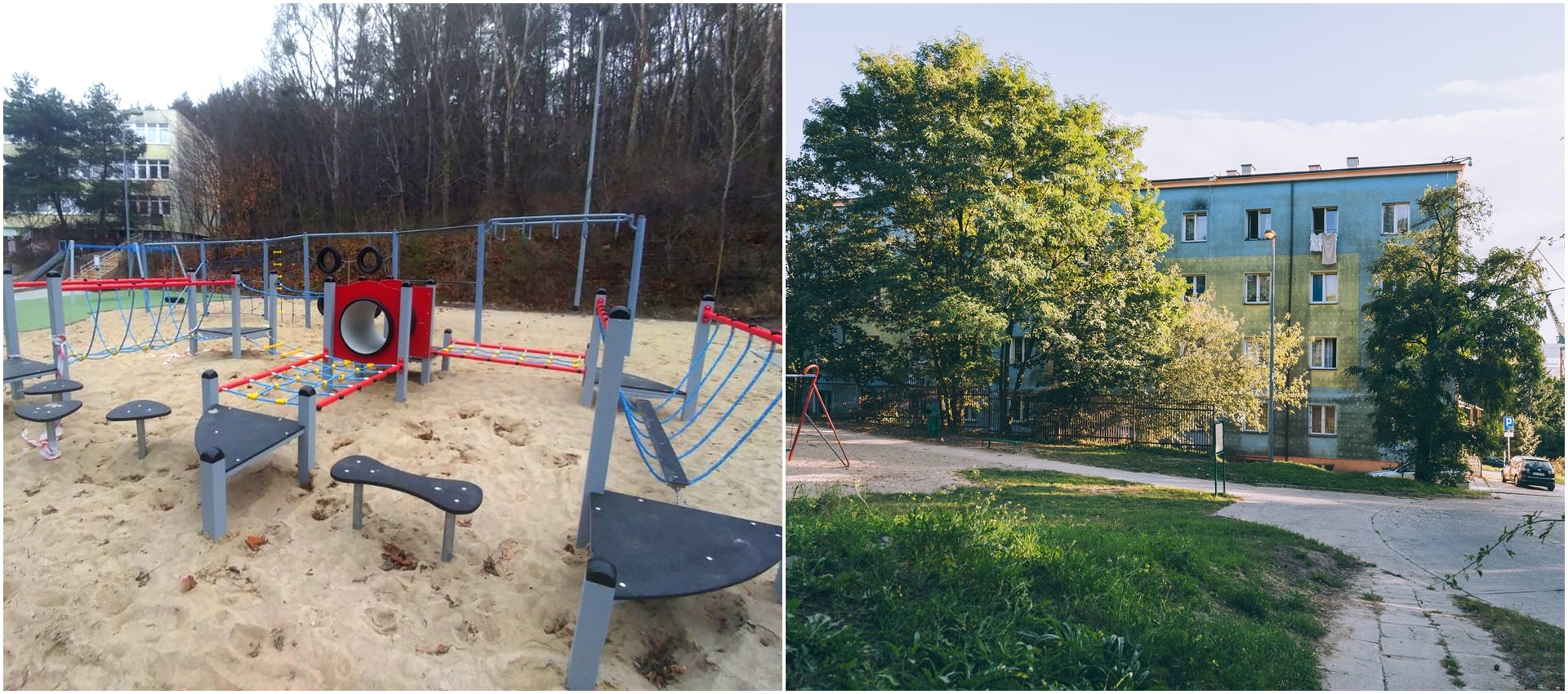 dwa połączone zdjęcia na jednym urządzony plac zabaw , na drugim zaniedbana przestrzń, stare urządzenia do zabawy