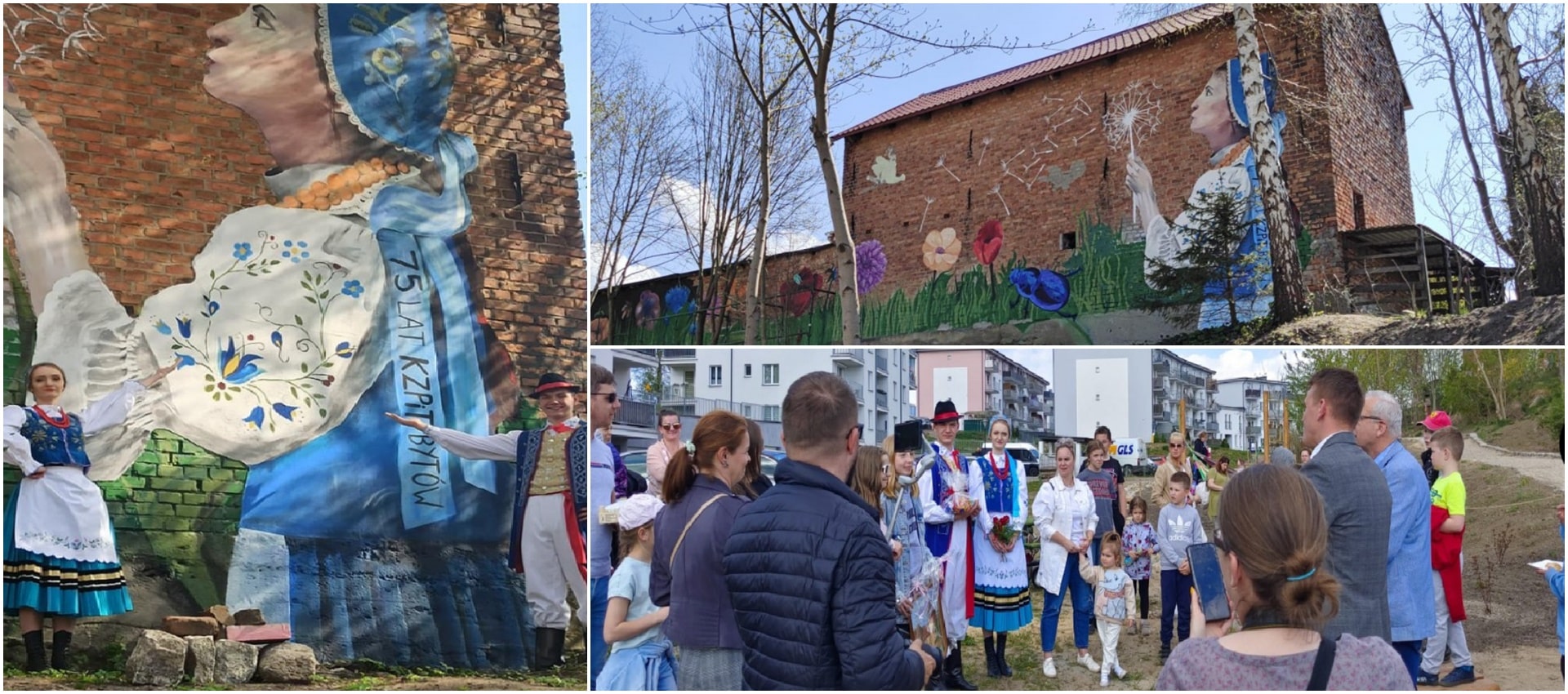 Trzy połączone zdjęcia przedstawiające na dwóch mural na ścianie budynku i na jednym grupę osób stojących w parku