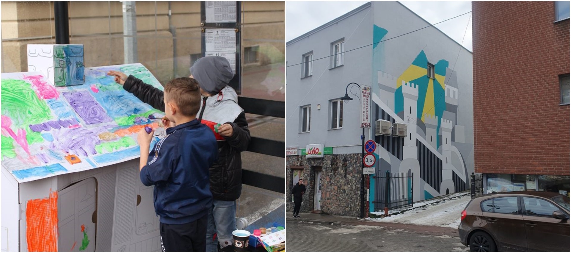 Dwa połączone zdjęcia przedstawiające dzieci stojące przy rysunkach, mural na ścianie bocznej budynku