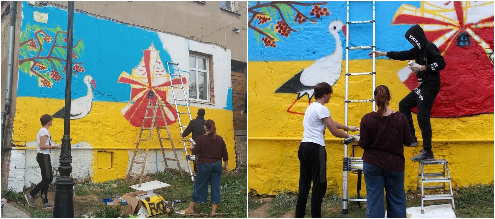 Dwa połączone zdjęcia przedstawiające trzy osoby malujące mural na ścianie budynku