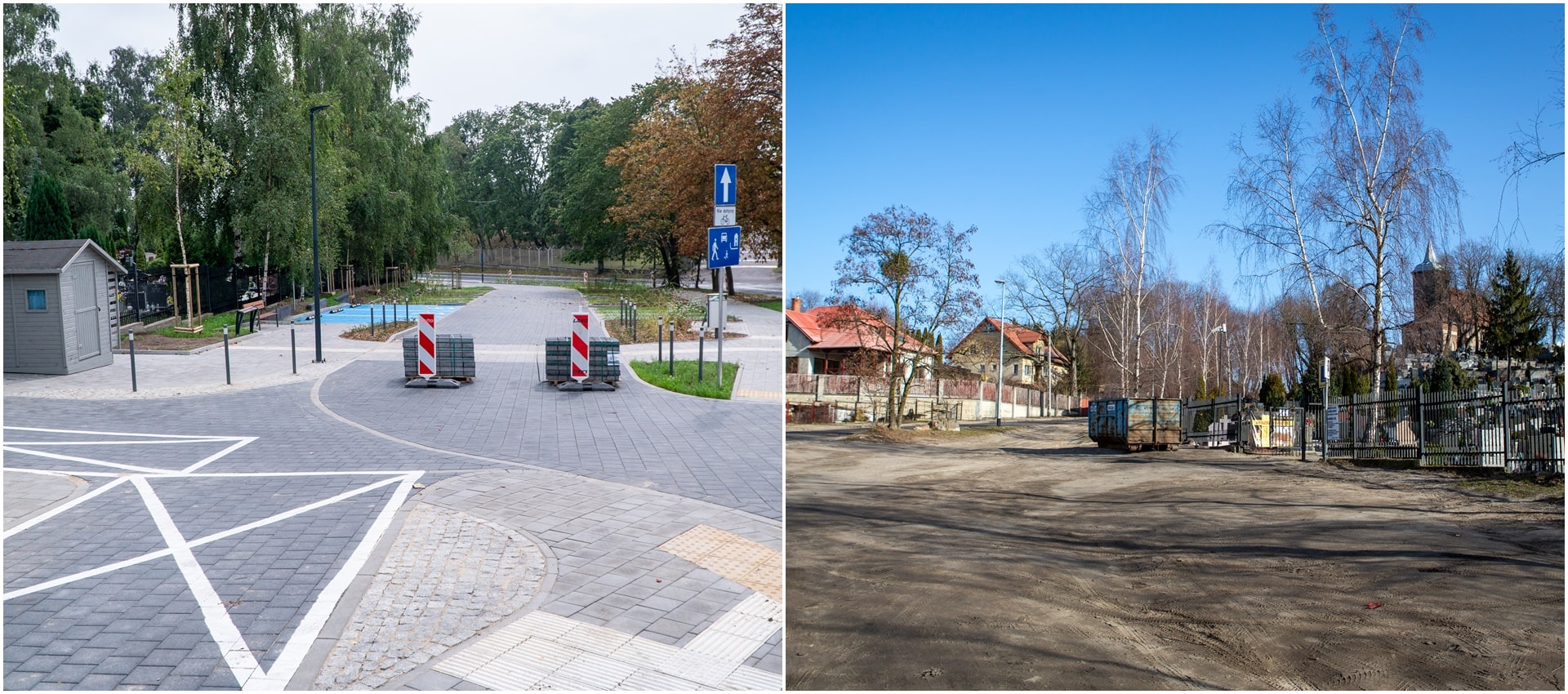 dwa połaczone zdjęcia, na których widać miejsca parkingowe wyłożone ażurowymi płytami