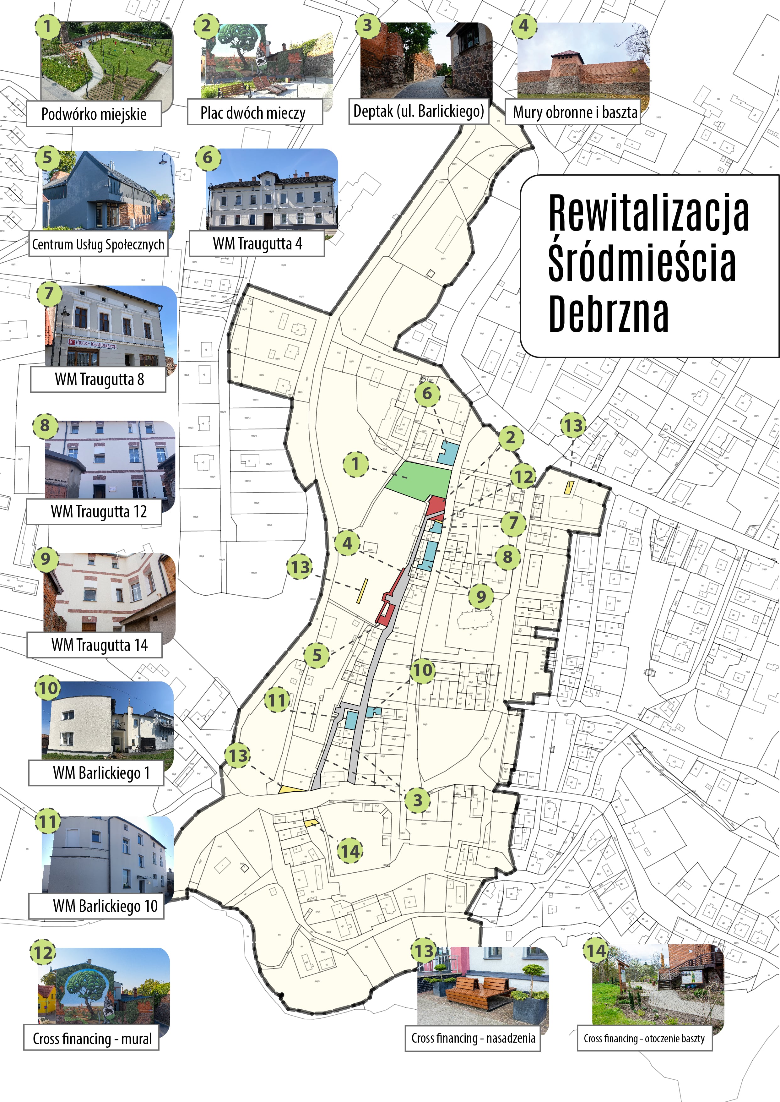 Mapa obszaru rewitalizacji w Debrznie z zaznaczonymi inwestycjami