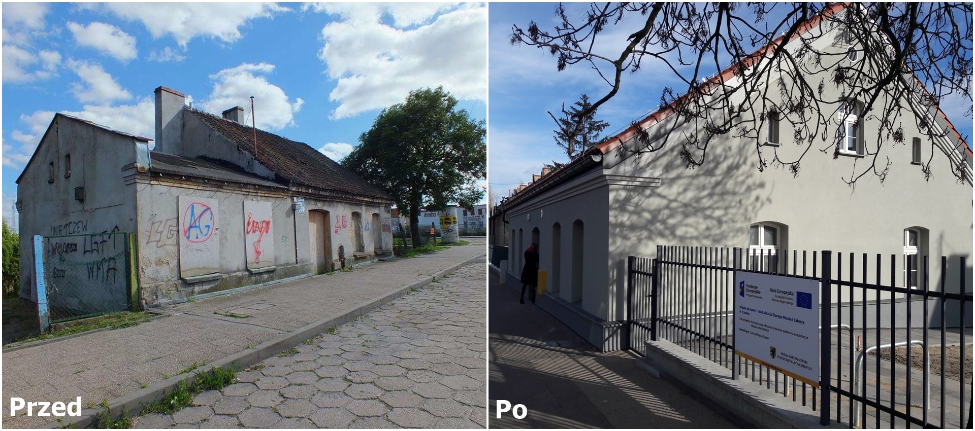 Dwa połączone zdjęcia przedstawiające po lewej zdegradowany budynek jednorodzinny a po prawej wyremontowany budynek jednorodzinny.