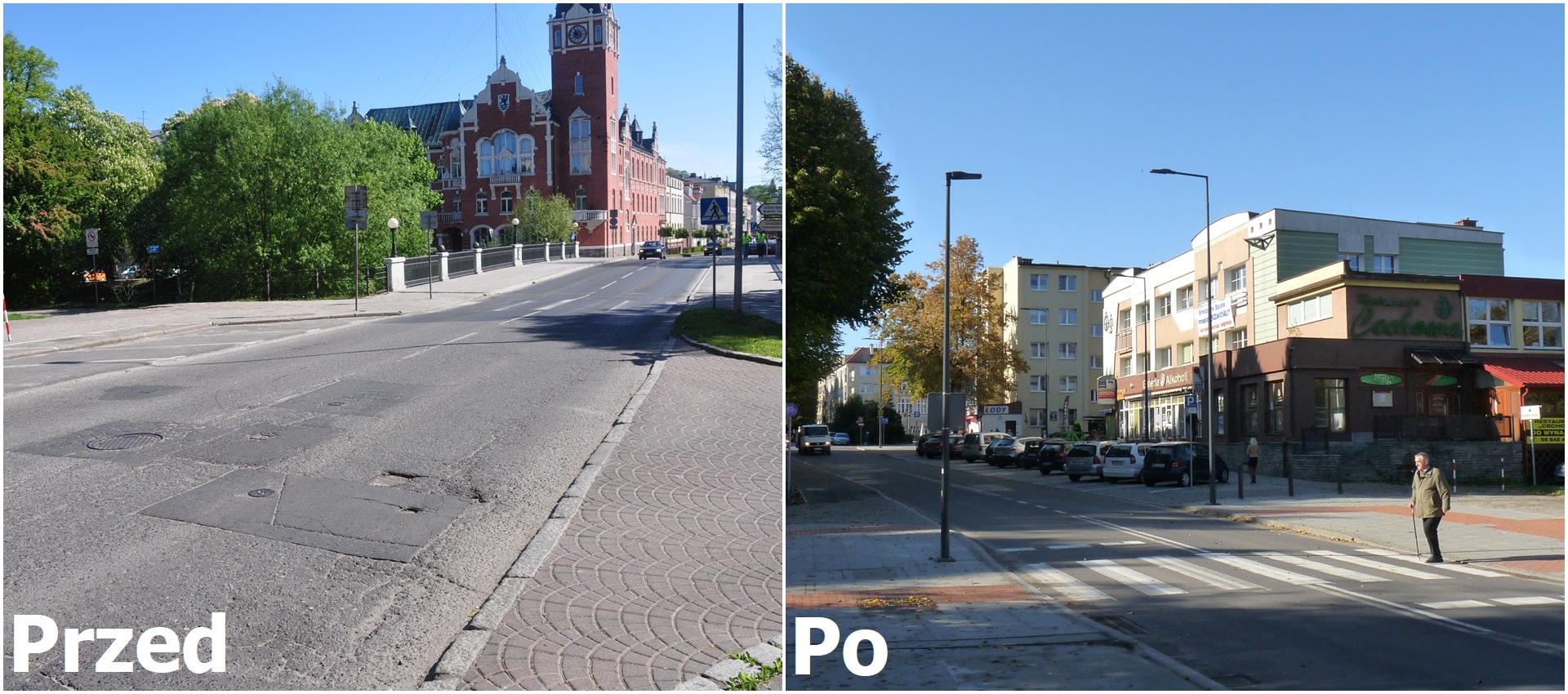 Dwa połączone zdjęcia przestawiające po lewej stronie ulicę przed remontem i po prawej ulicę po remoncie