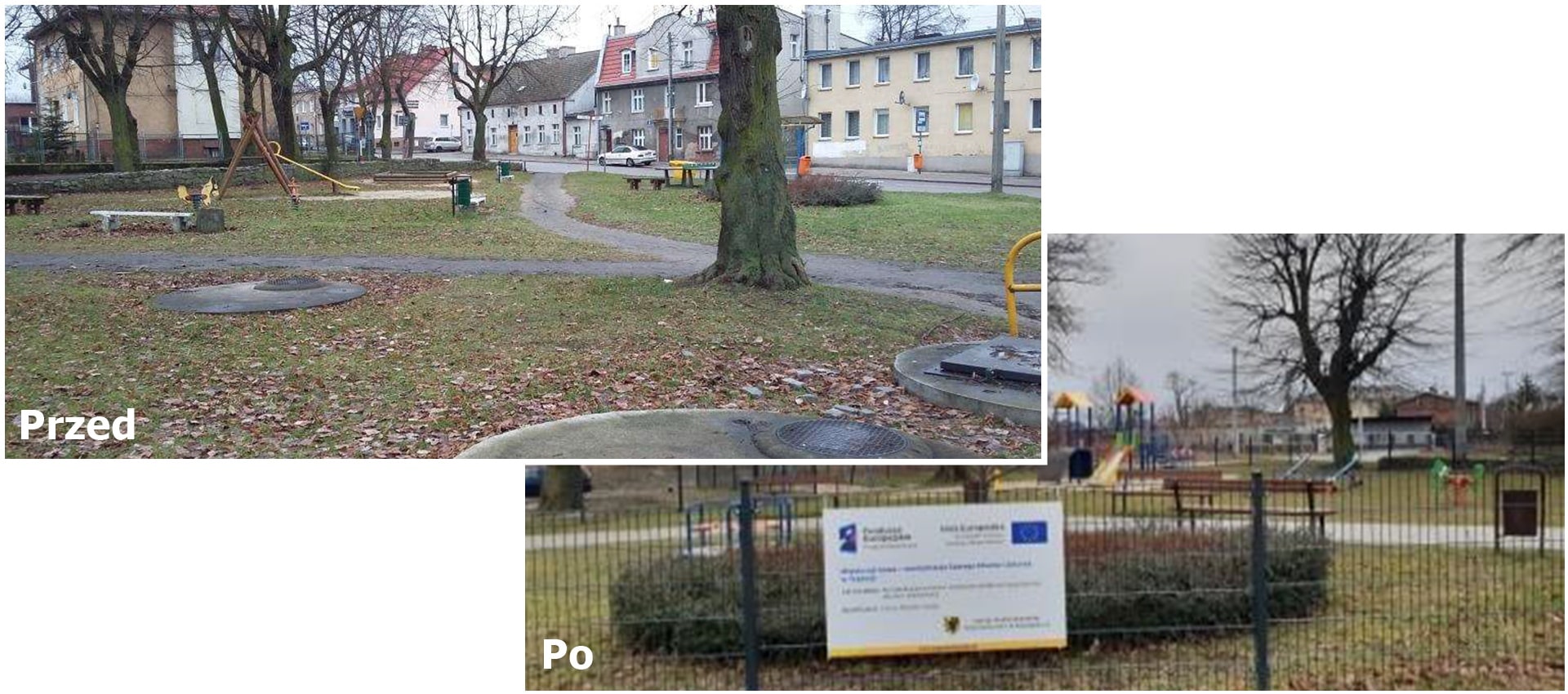 Dwa połączone zdjęcia przedstawiające po lewej zdegradowany plac zabaw i po prawej plac zabaw po remoncie