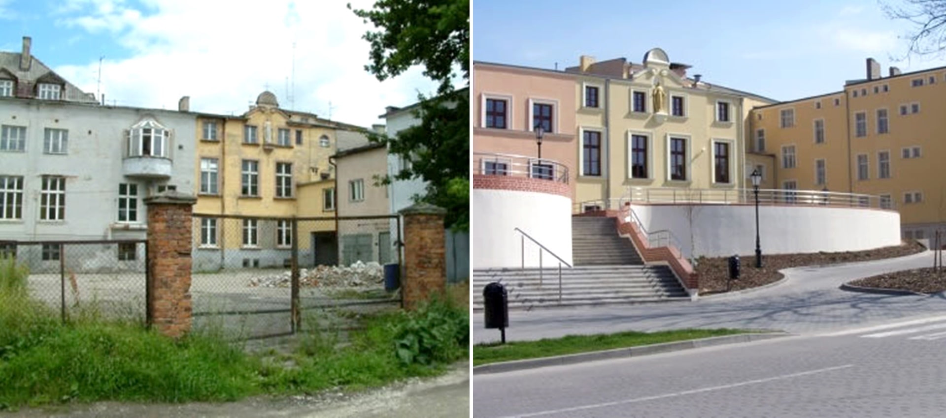 Dwa połączone zdjęcia przedstawiające zdegradowane budynki i budynki odnowione.