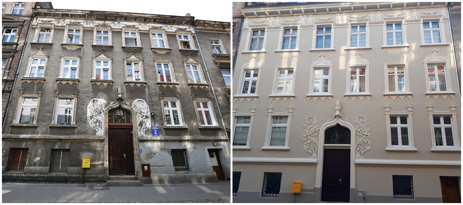 Dwa połączone zdjęcia przedstawiające budynek przed remontem i po remoncie