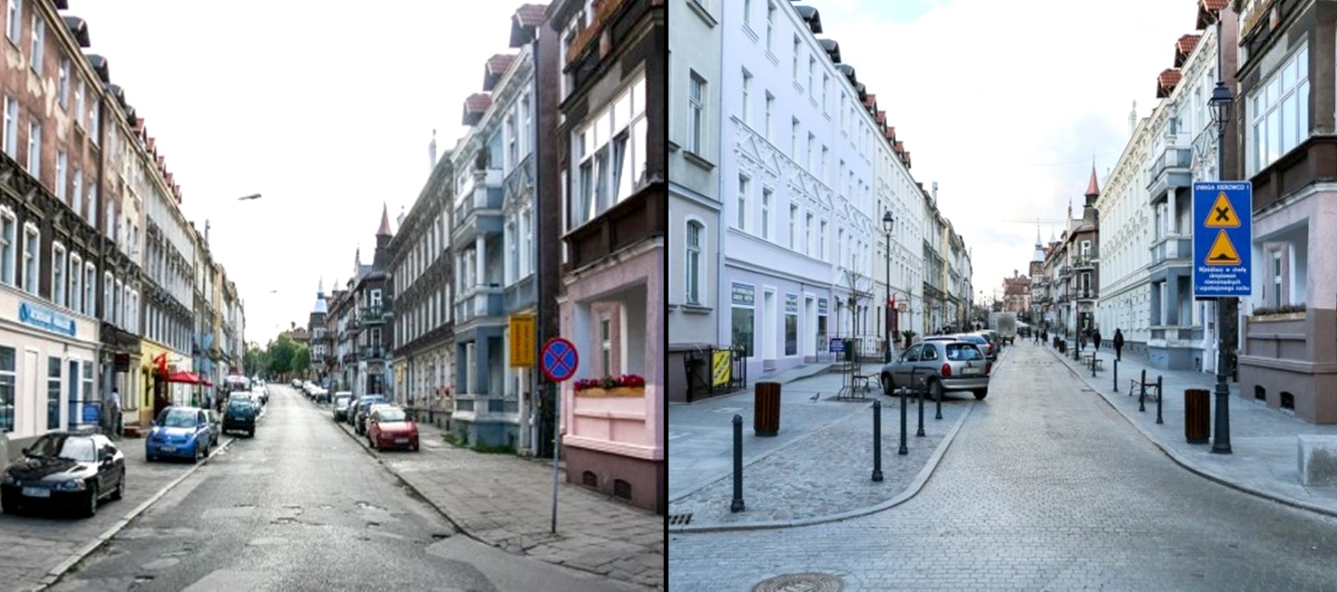 Dwa połączone ze sobą zdjęcia, na zdjęciu po lewej stronie przestrzeń przed remontem obejmująca ulicę z chodnikami po obu stronach i kamienicami, a po prawej stronie przestrzeń po przebudowie i remoncie obejmująca ulice, chodniki i kamienice