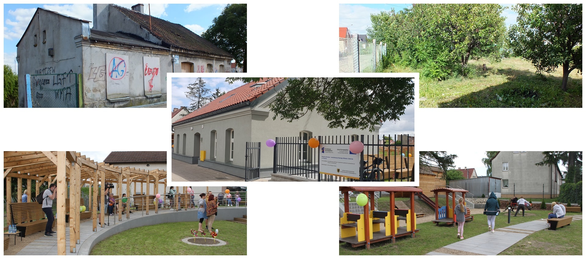 Pięć połączonych zdjęć przedstawiających budynek przed i po remoncie z zagospodarowanym podwórkiem