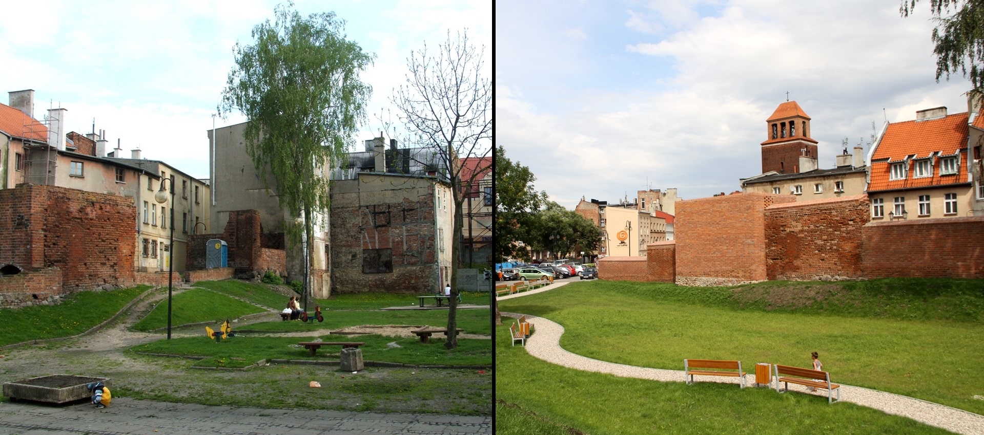 Dwa połączone ze sobą zdjęcia, na zdjęciu po lewej stronie park przed renowacją z budynkami w tle, a po prawej stronie park po renowacji z wyremontowanymi budynkami