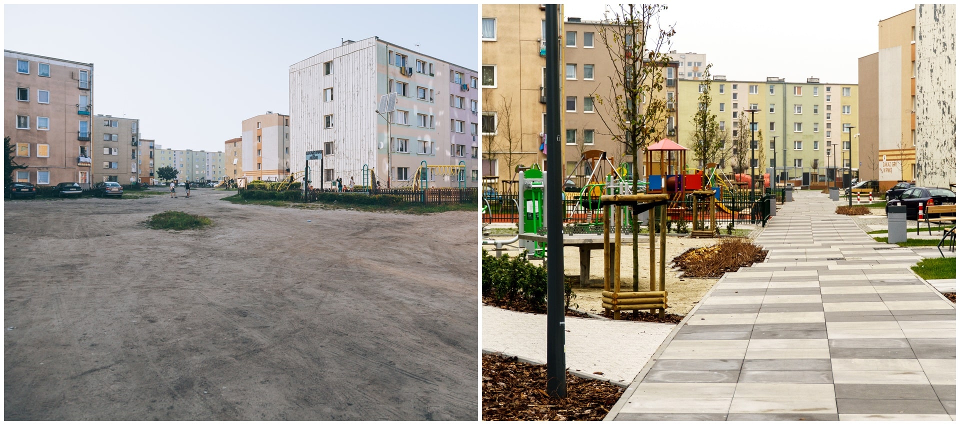 Dwa połączone zdjęcia przedstawiające na jednym utwardzoną, pustą przestrzeń między blokami, a na drugim przestrzeń między blokami z chodnikiem i placem zabaw