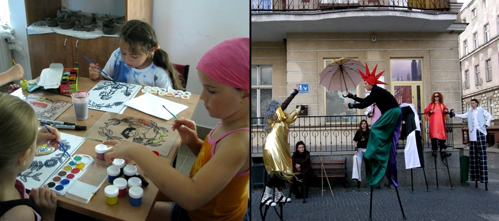 Dwa połączone ze sobą zdjęcia, na zdjęciu po lewej stronie trójka dzieci siedząca przy stole i malująca obrazy farbkami, a po prawej stronie dwójka osób na szczudłach w przestrzeni ulicznej