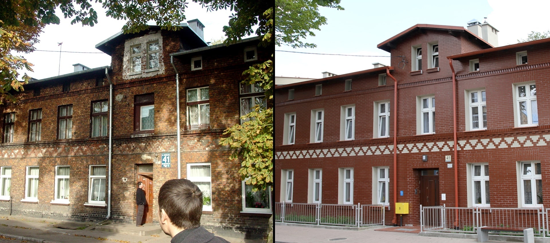 Dwa połączone ze sobą zdjęcia, na zdjęciu po lewej stronie budynek wielorodzinny z cegły przed remontem, a po prawej stronie budynek po remoncie
