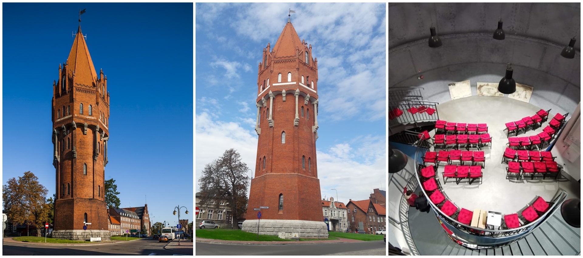 Trzy połączone zdjęcia przedstawiające budynek wieży przed i po remoncie
