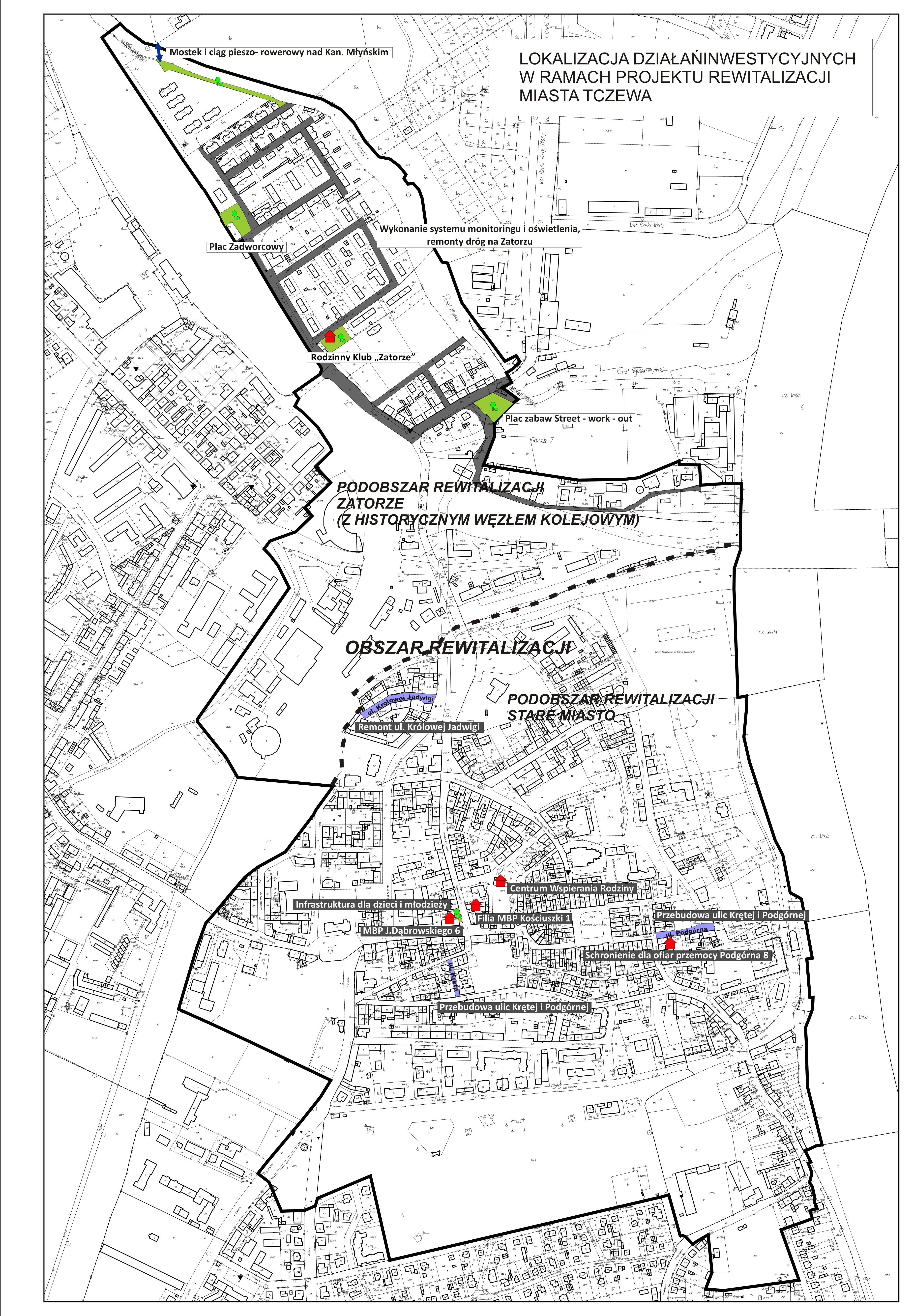 Mapa obszaru rewitalizacji w Tczewie z zaznaczonymi inwestycjami