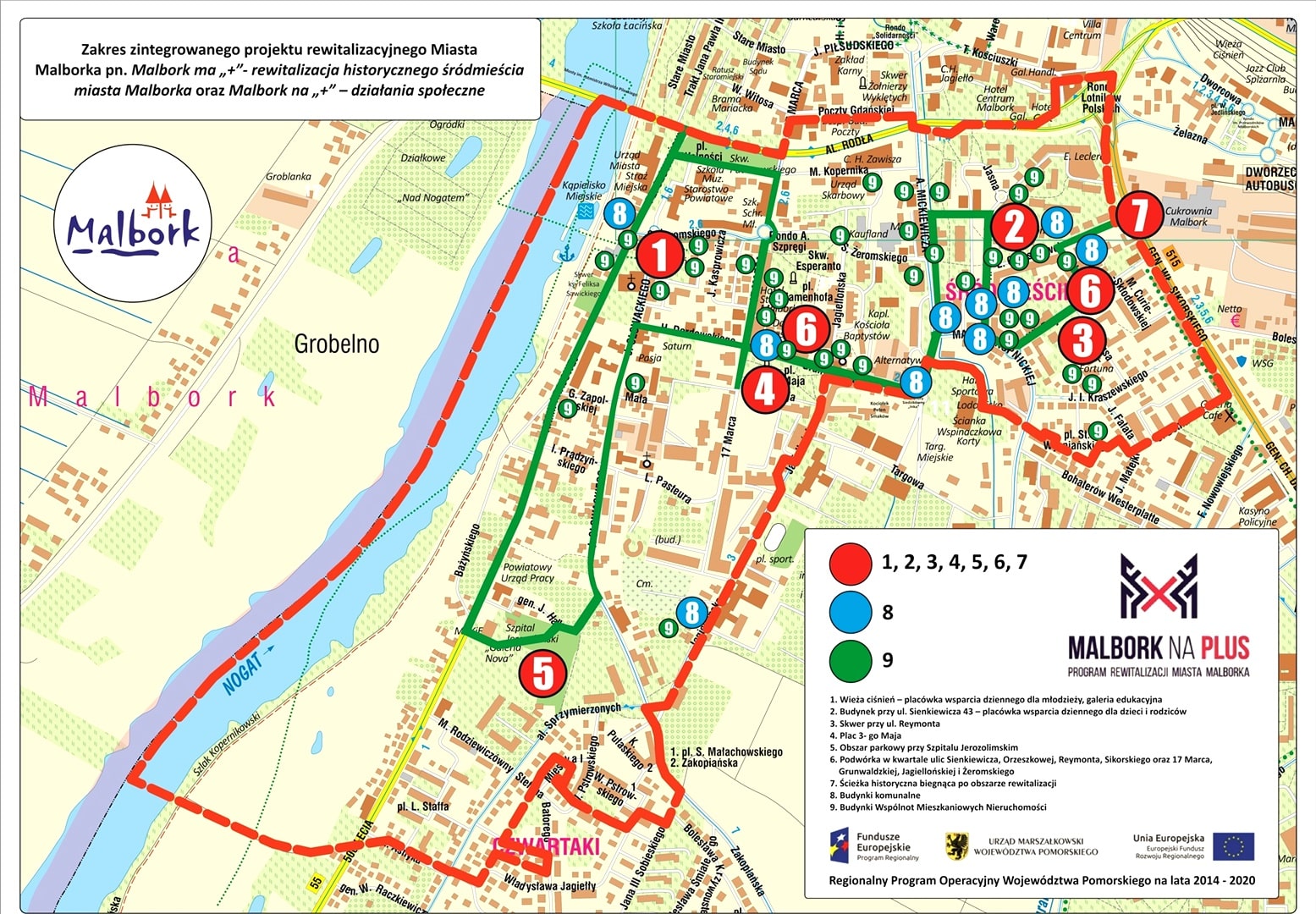 Mapa z zaznaczonymi inwestycjami w trzech kolorach czerwonym, niebieskim i zielonym 