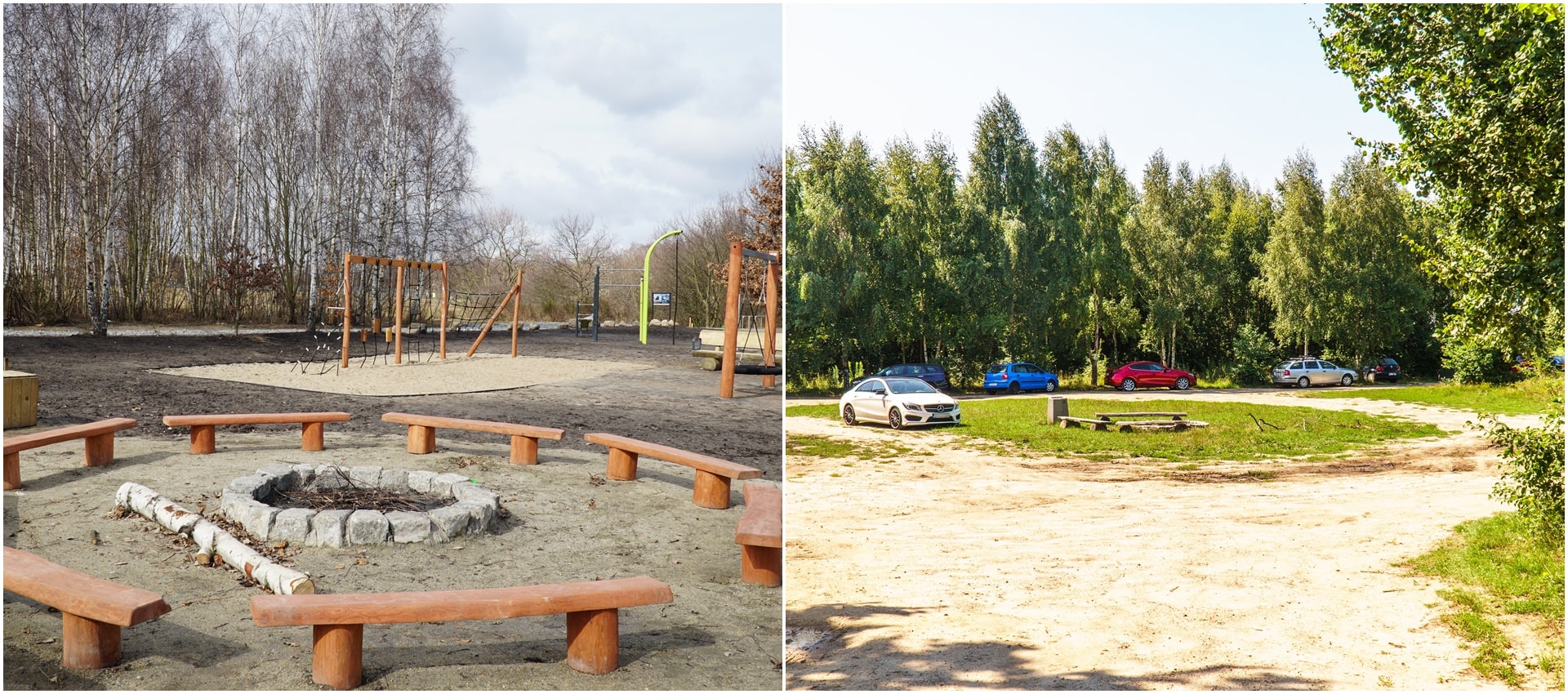 dwa połączone zdjęcia na pierwszym zagospodarowana w ławki i urządzenia do zabawy polana w lesie, na drufgim ta sama polana bez zagospodarowania z widocznymi w tle samochodami 