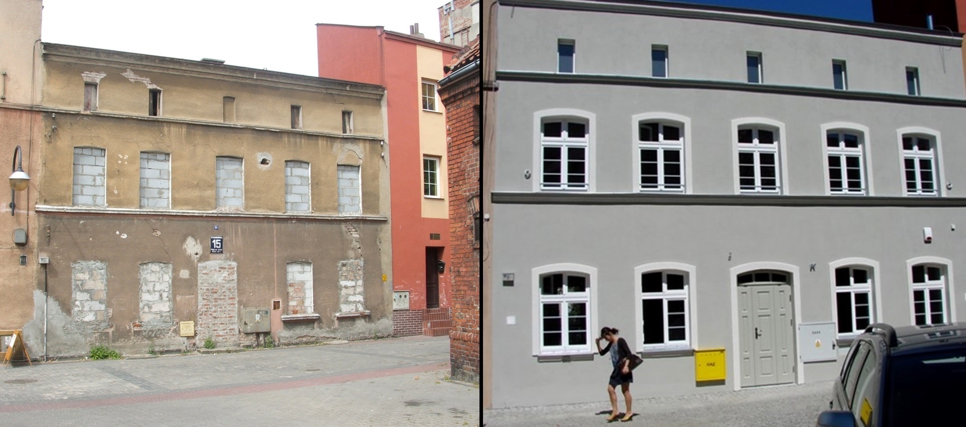 Dwa połączone ze sobą zdjęcia, na zdjęciu po lewej stronie budynek z zamurowanymi oknami przed remontem, a po prawej stronie budynek po remoncie