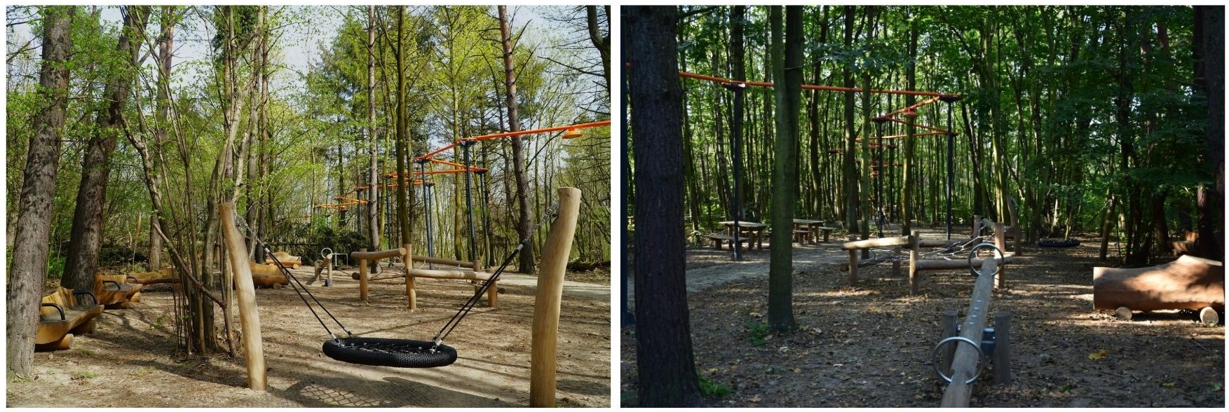 Dwa połączone zdjęcia. Po lewej park linowy wykonany z elementów drewnianych pośród drzew. Po prawej Plac zabaw wykonany z elementów drewnianych w lesie.