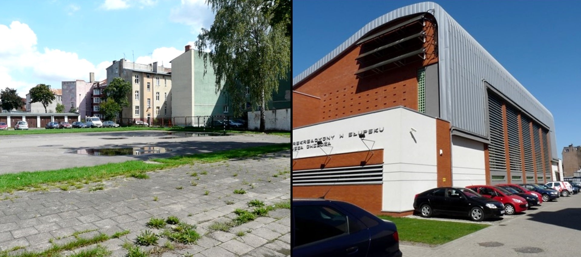 Dwa połączone ze sobą zdjęcia, na zdjęciu po lewej stronie pusty betonowy plac, a po prawej stronie wybudowany budynek