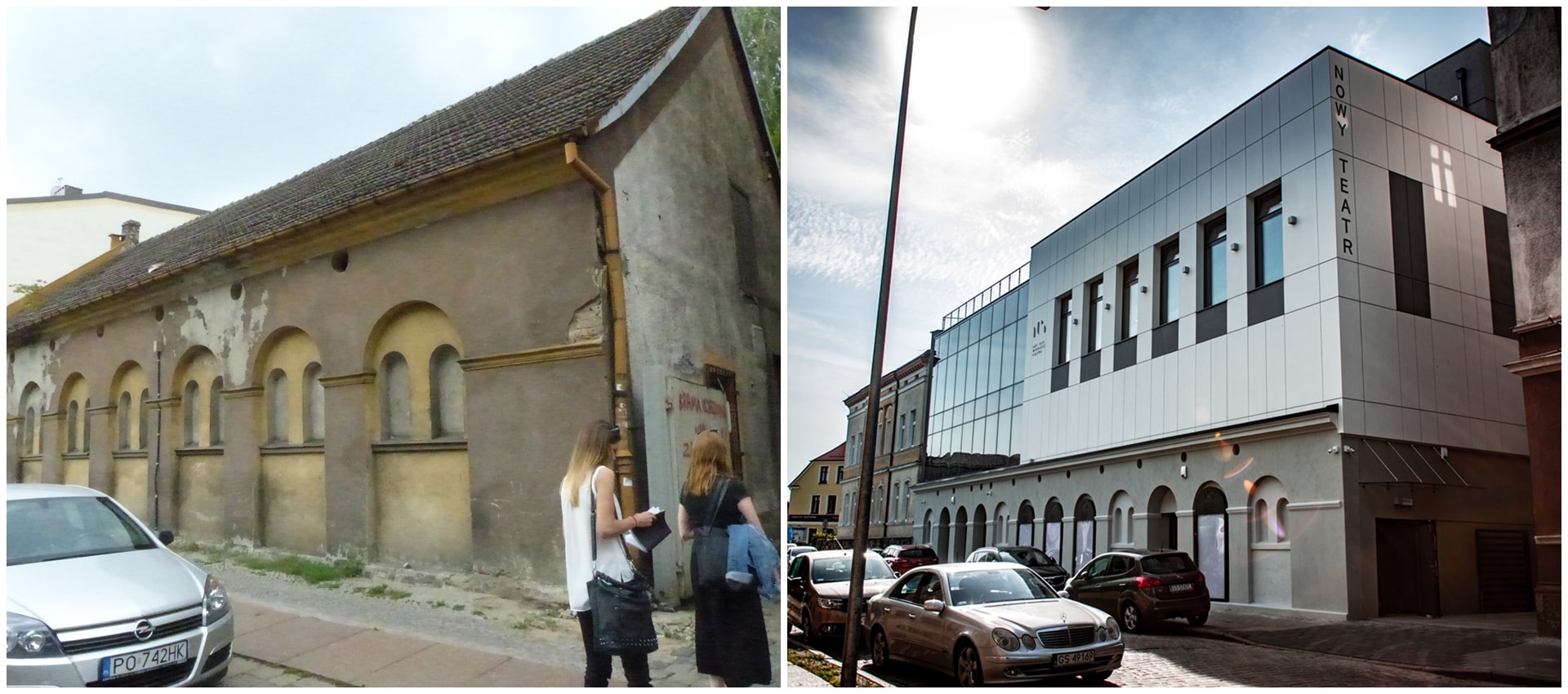 Dwa połączone zdjęcia przedstawiające budynek przed remontem i po remoncie