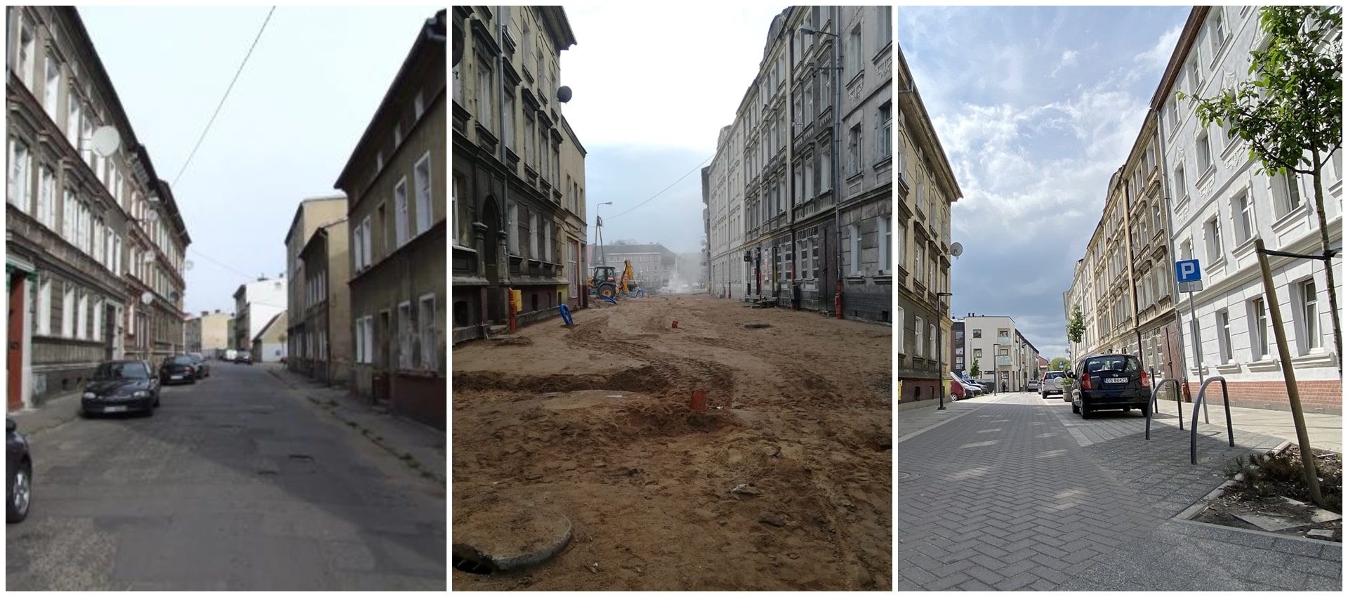 Dwa połączone zdjęcia przedstawiające ulicę przed i po remoncie