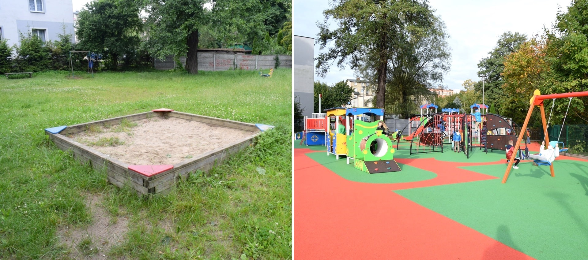Dwa połączone zdjęcia: na jednym trawnik ze starą piaskownicą, a na drugim nowy plac zabaw