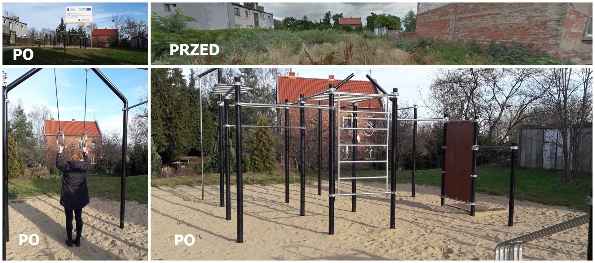 Cztery połączone zdjęcia przedstawiający przestrzeń przed i po zagospodarowaniu na siłownię na świeżym powietrzu