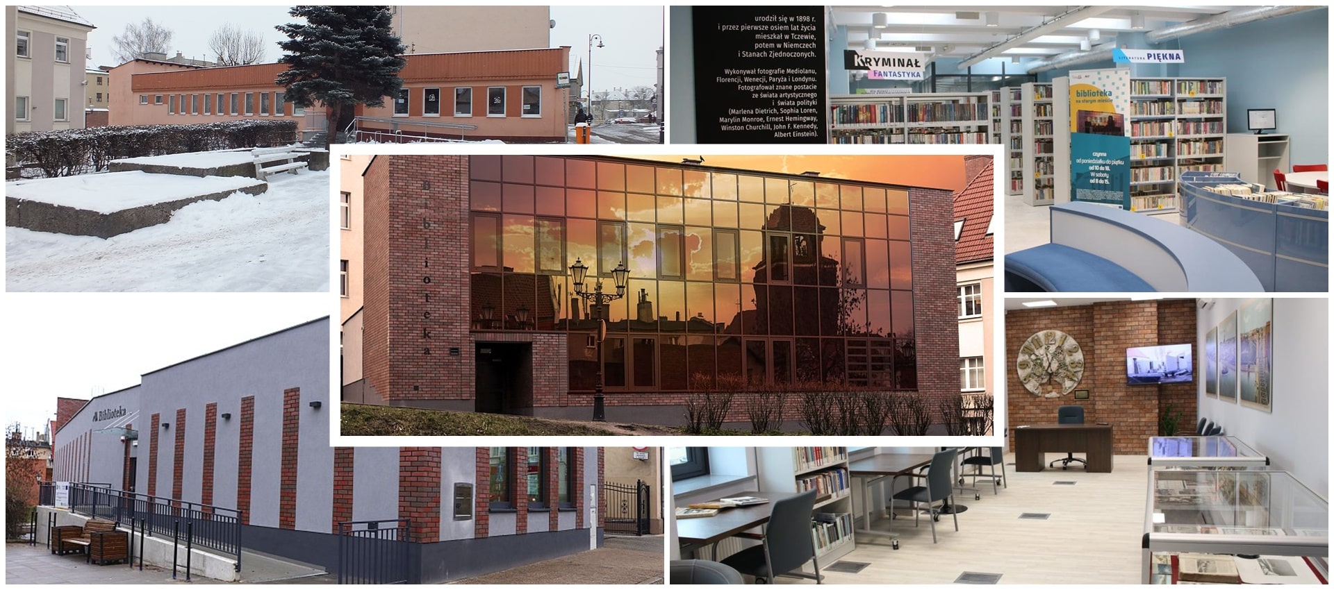 Pięć połączonych zdjęć przedstawiających budynek biblioteki przed i po remoncie