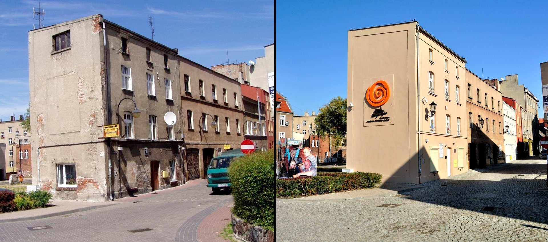 Dwa połączone ze sobą zdjęcia, na zdjęciu po lewej stronie ciąg budynków przed remontem, a po prawej stronie ten sam ciąg budynków po remoncie