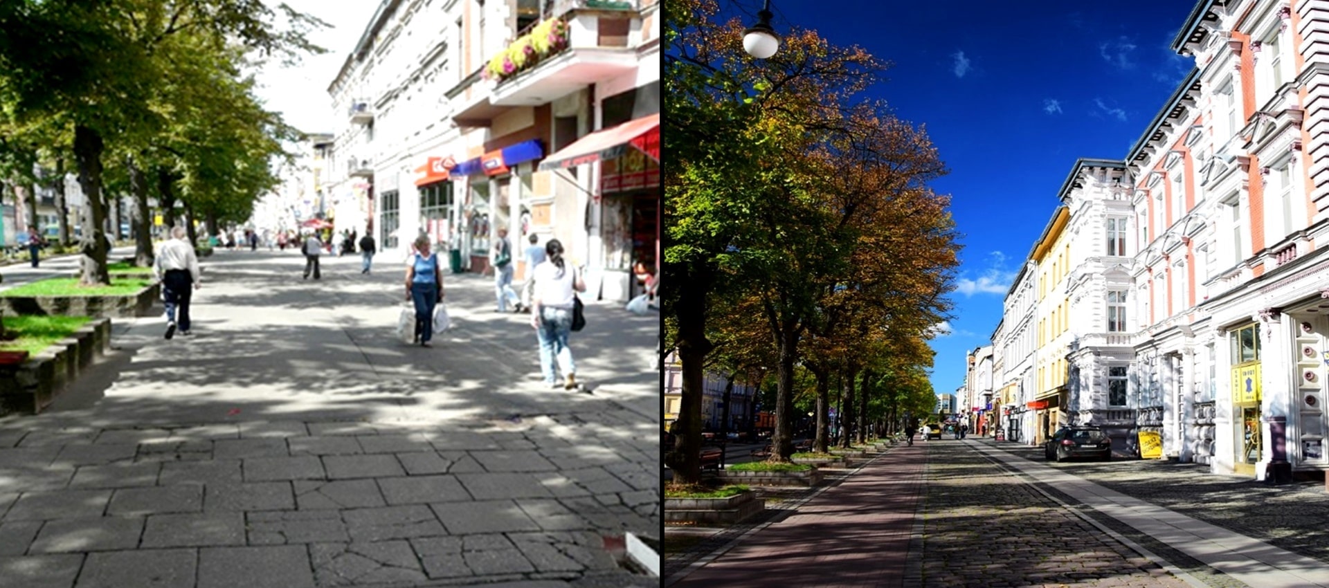 Dwa połączone ze sobą zdjęcia, na zdjęciu po lewej stronie ciąg pieszy z przechodzącymi po nim ludźmi, a po prawej stronie wyremontowany ciąg po remoncie