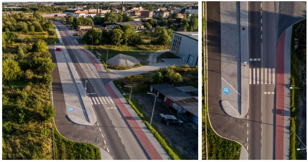 Dwa zdjęcia przedstawiające układ drogi ze ścieżką rowerową, parkingiem i chodnikiem.