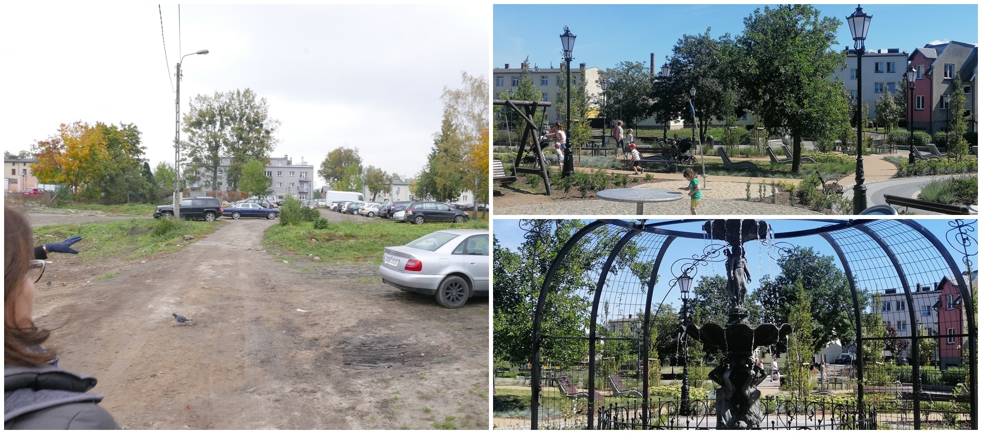 Trzy połączone zdjęcia: jedno przedstawia nieutwardzony parking, drugie zagospodarowany park, trzecie fontanne