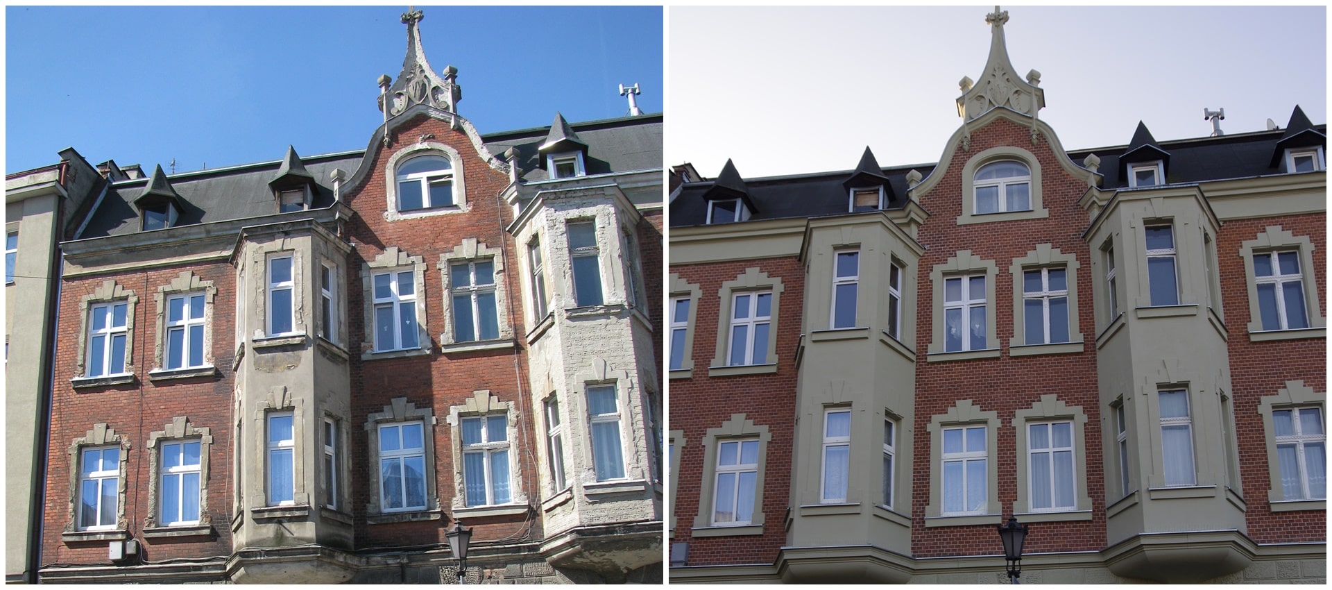 Dwa połączone zdjęcia przedstawiające wielorodzinny budynek mieszkalny przed i po remoncie