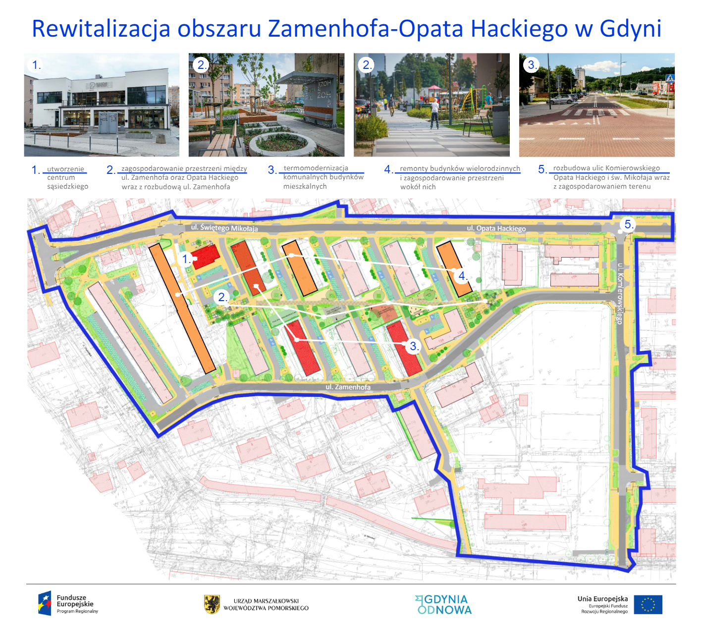 mapa obszaru rewitalizacji z opisem przedsięwzięć i 4 zdjęciami inwestycji