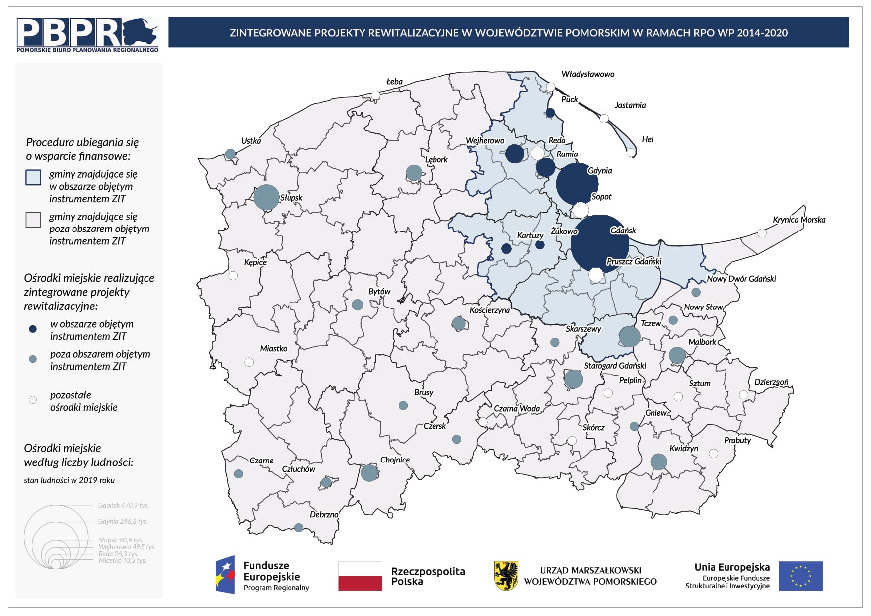 Mapa województwa pomorskiego  z zaznaczonymi gminami realizującymi zintegrowane projekty rewitalizacyjne