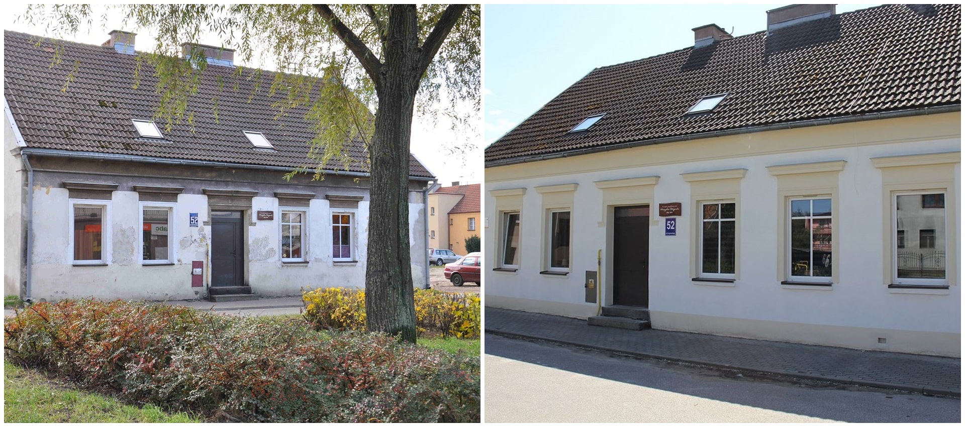 Dwa połączone zdjęcia przedstawiające budynek wielorodzinny przed i po remocie