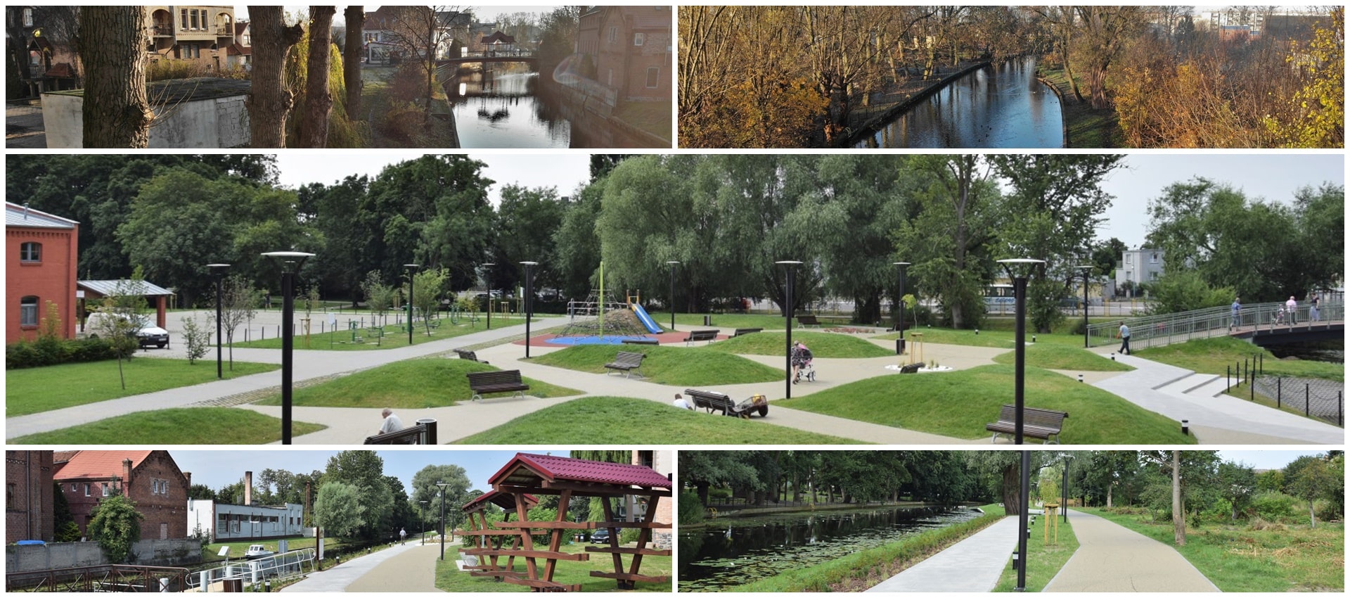 Pięc połączonych zdjęć przestawiających Park nad rzeką