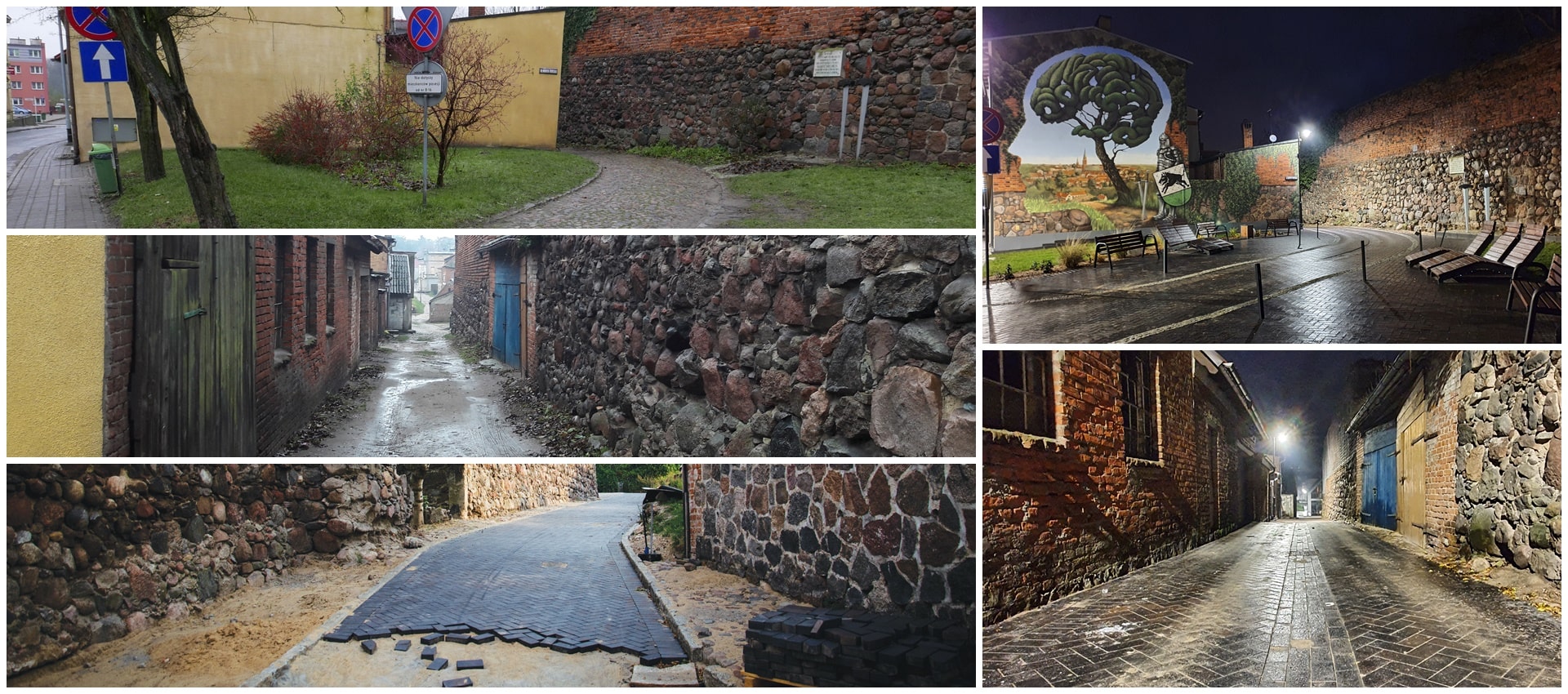 Pięć połączonych zdjęć przedstawiających nieutwardzoną ścieżkę i przejście między murami oraz utwardzoną ścieżkę i drogę między murami