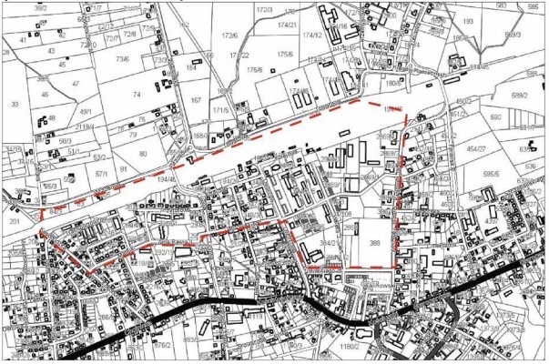 Obraz przedstawia mapę z wyznaczoną granicą obszaru rewitalizacji.