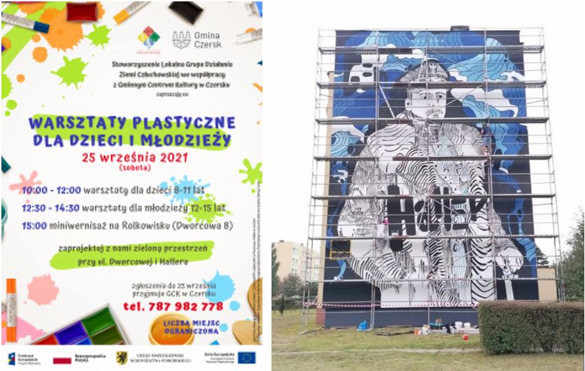 Obraz po lewej stronie przedstawia plakat projektu realizowanego w ramach instrumentu elastyczności, natomiast po prawej mural zrealizowany na szczycie budynku przy ul. Hallera.