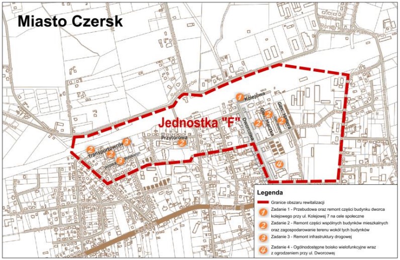 Obraz przedstawia mapę z lokalizacją poszczególnych przedsięwzięć rewitalizacyjnych