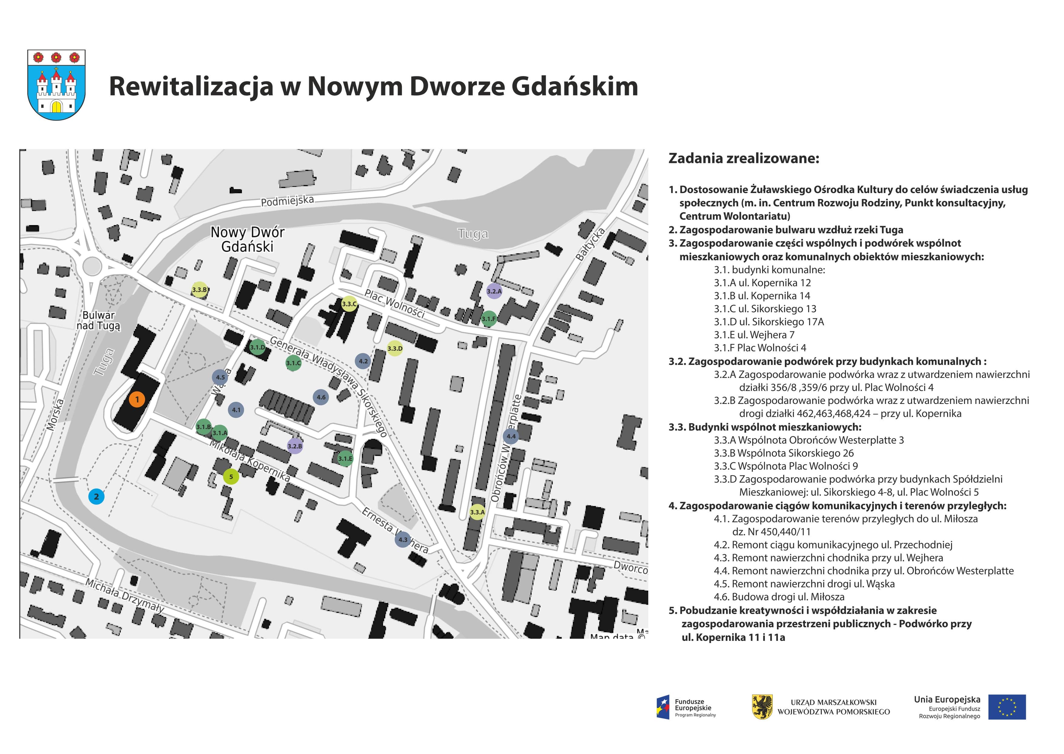 Mapa obszaru rewitalizacji z zaznaczonymi inwestycjami