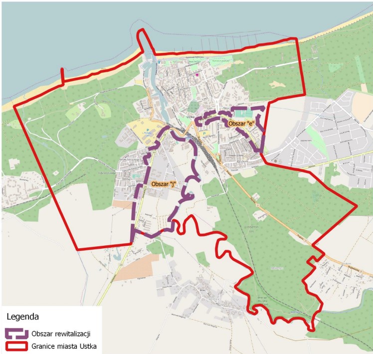 Grafika przedstawia położenie obszarów rewitalizacji w granicach miasta Ustka