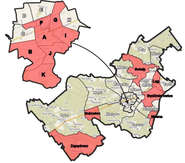 Obraz przedstawia mapę gminy i miasta Czersk w podziale na jednostki z zaznaczonymi na czerwono obszarami zdegradowanymi.