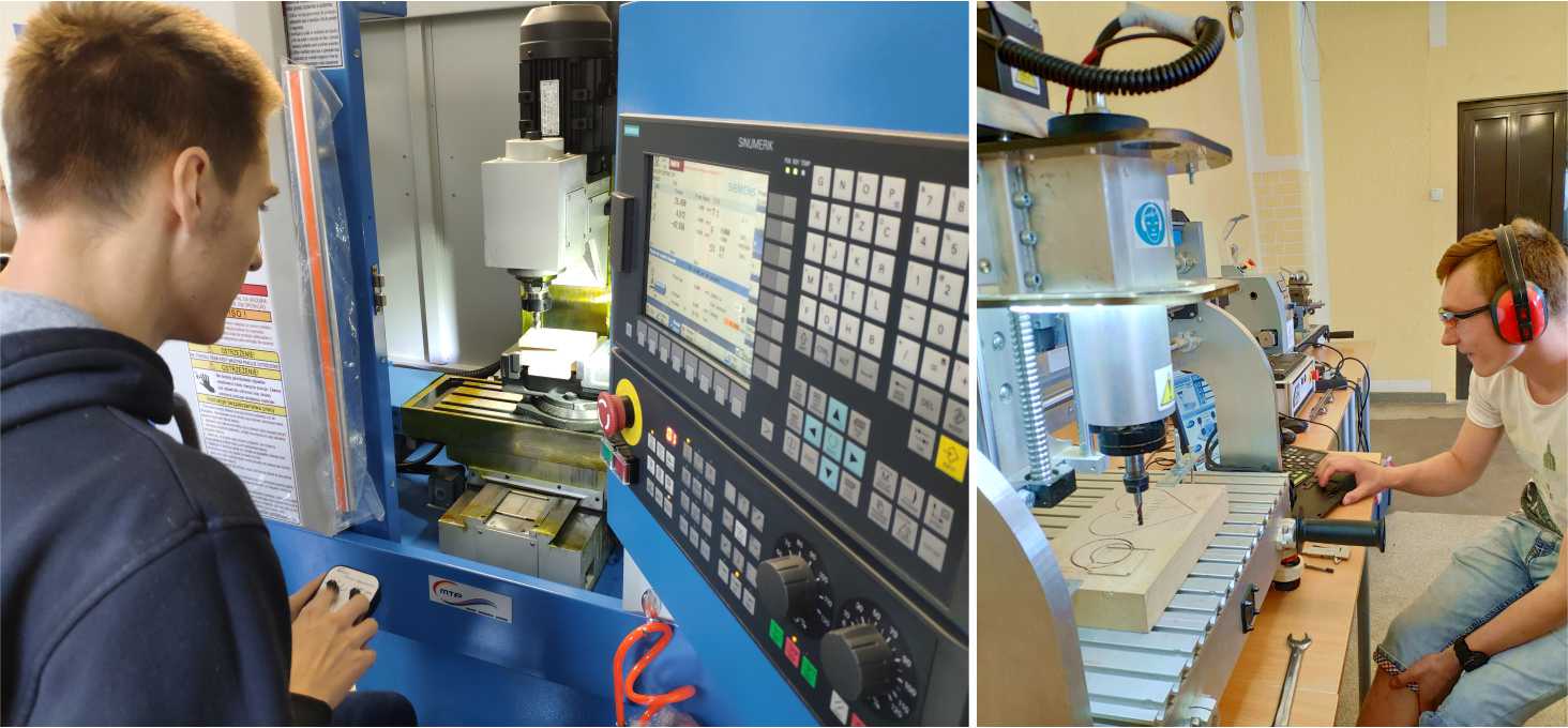 collage dwóch zdjęć. Na obu młodzi mężczyźni obsługują sprzęt do praktycznej nauki zawodu
