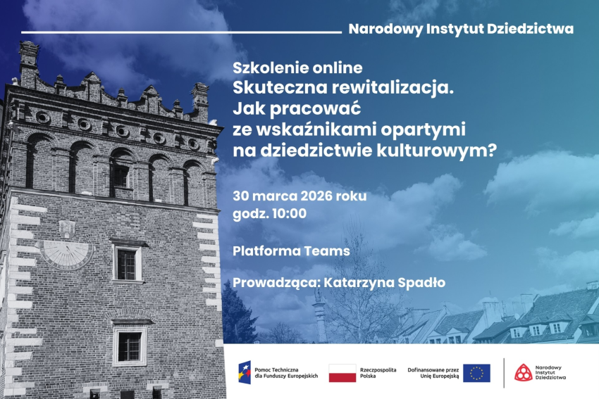 Grafika przedstawiająca zabytkowy budynek z cegły i informacje o szkoleniu