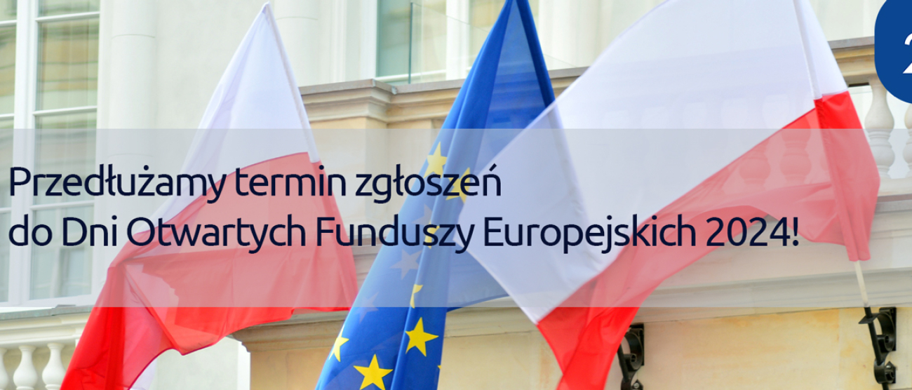 dwie flagi Polski i jedna uniijny na tle budynku 