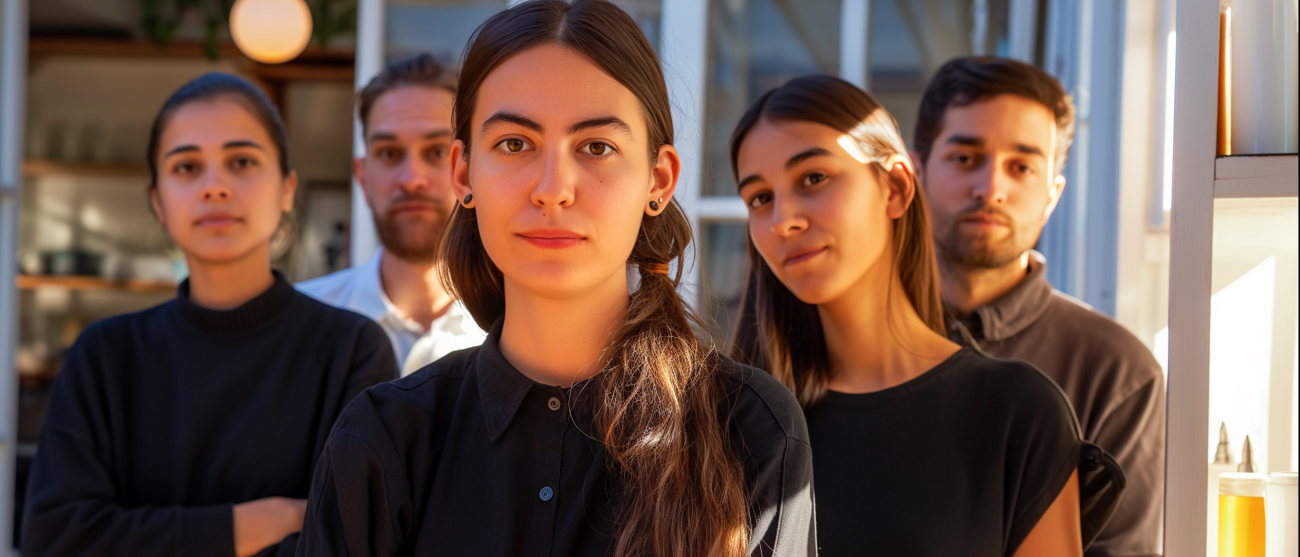 pewny siebie zespół młodych ludzi Zdjęcie przedstawia grupę pięciu młodych dorosłych, prawdopodobnie współpracowników, stojących w linii o różnej głębokości. Centralna postać, kobieta.